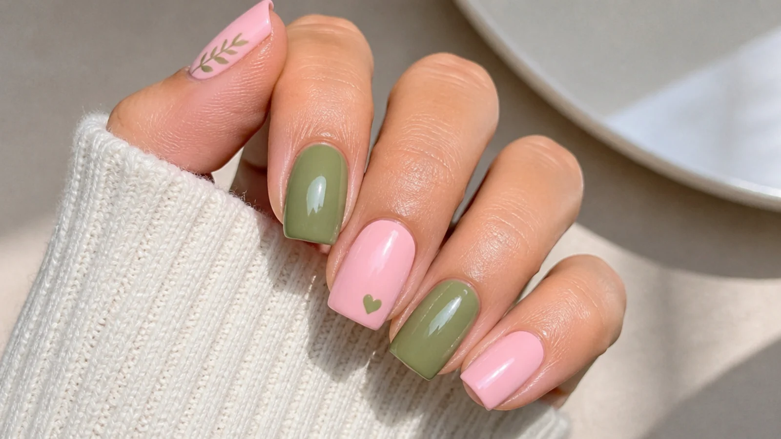 Alternating muted olive green and soft pink glossy nails on a square shape