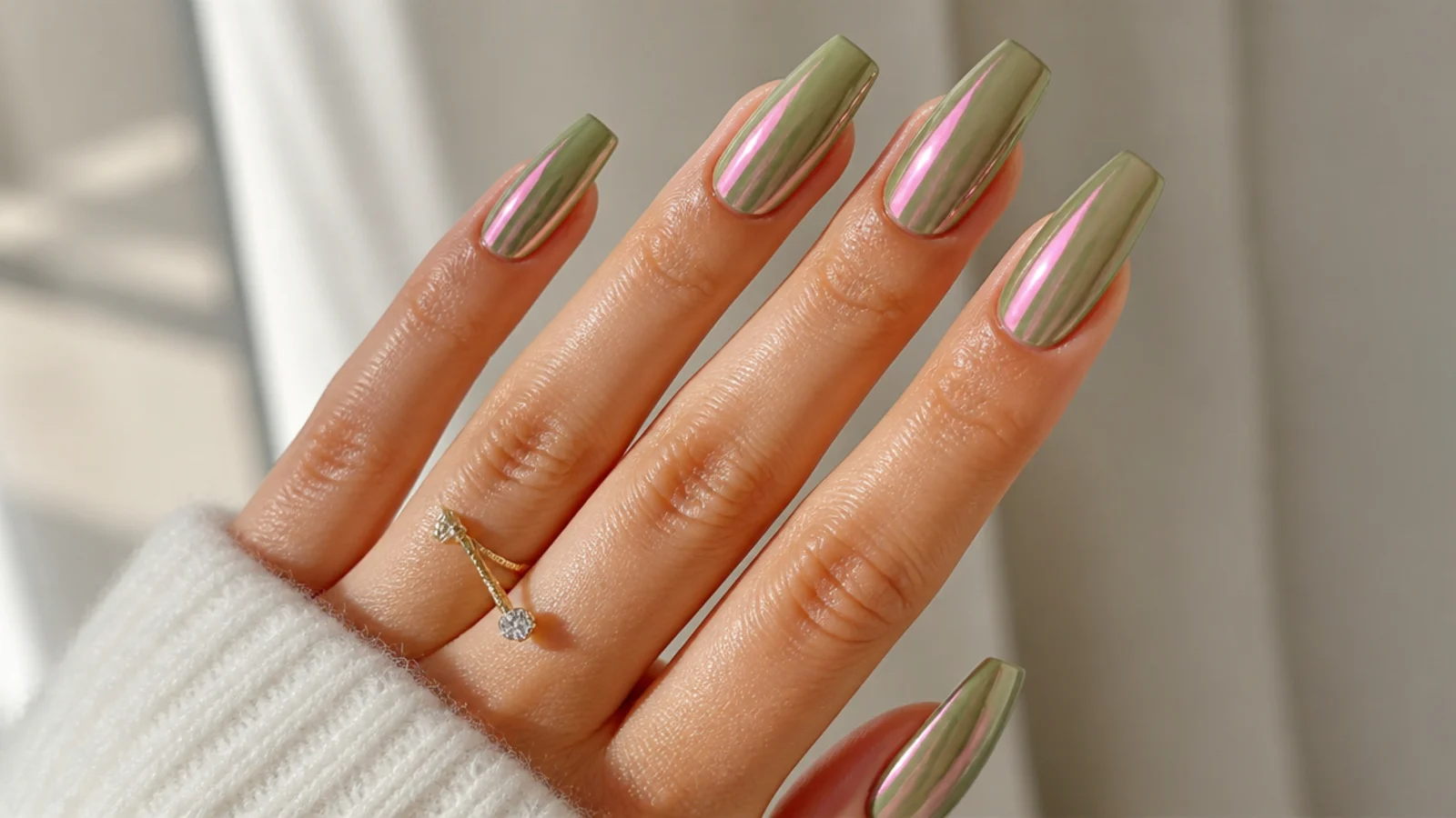 Olive green nails with a pink-shifting chrome glaze on a coffin shape