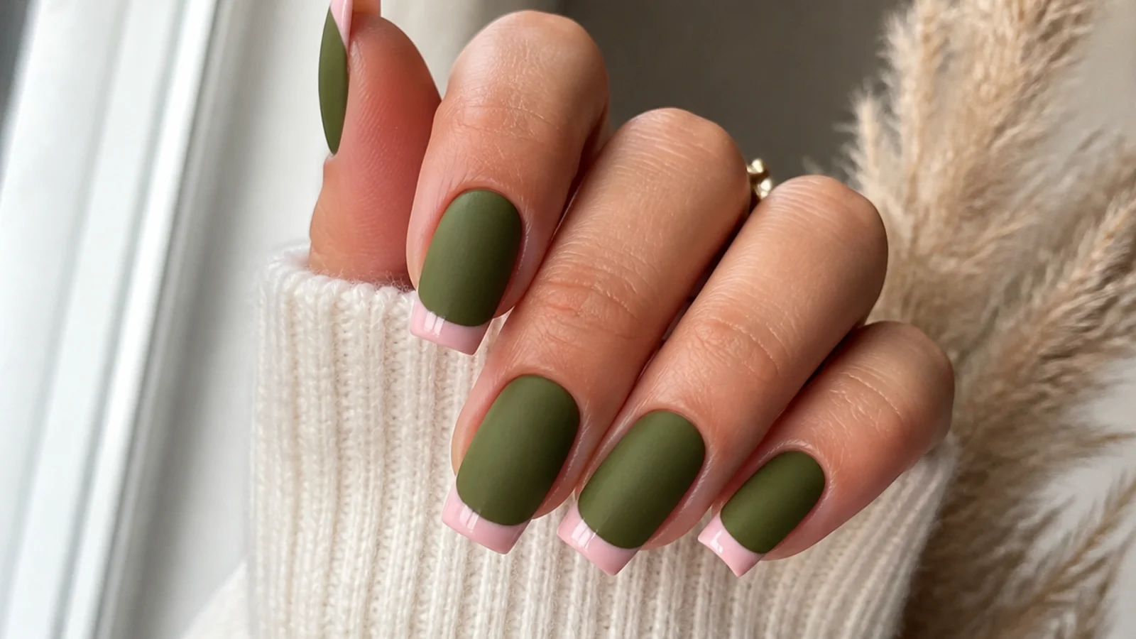 Matte olive green nails with glossy soft pink tips on a squoval shape