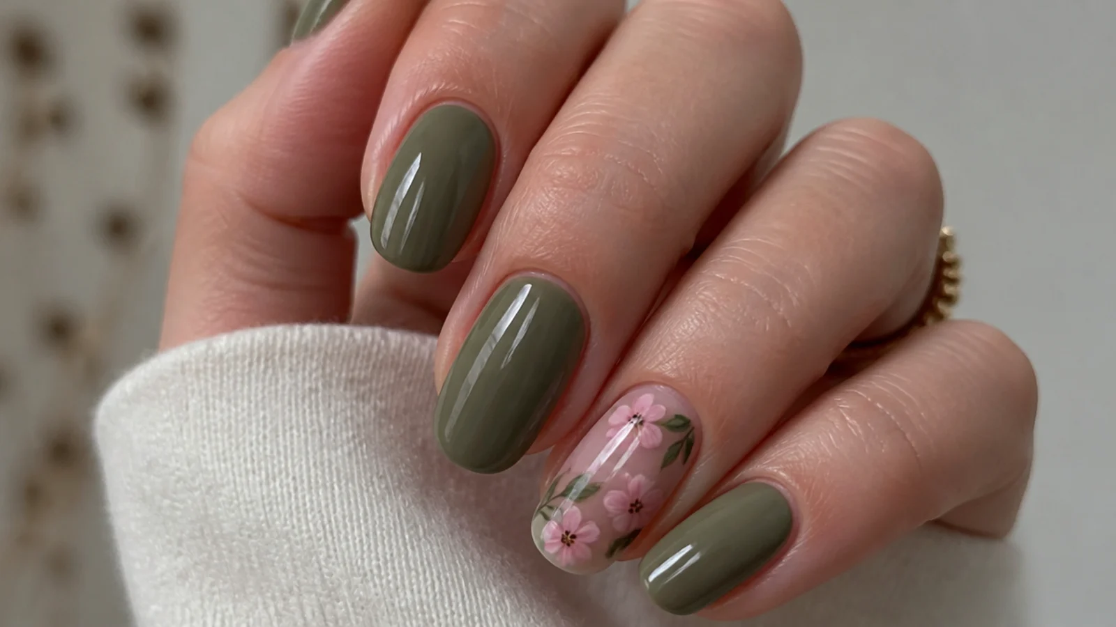 Olive green nails with hand-painted soft pink flowers on an accent nail