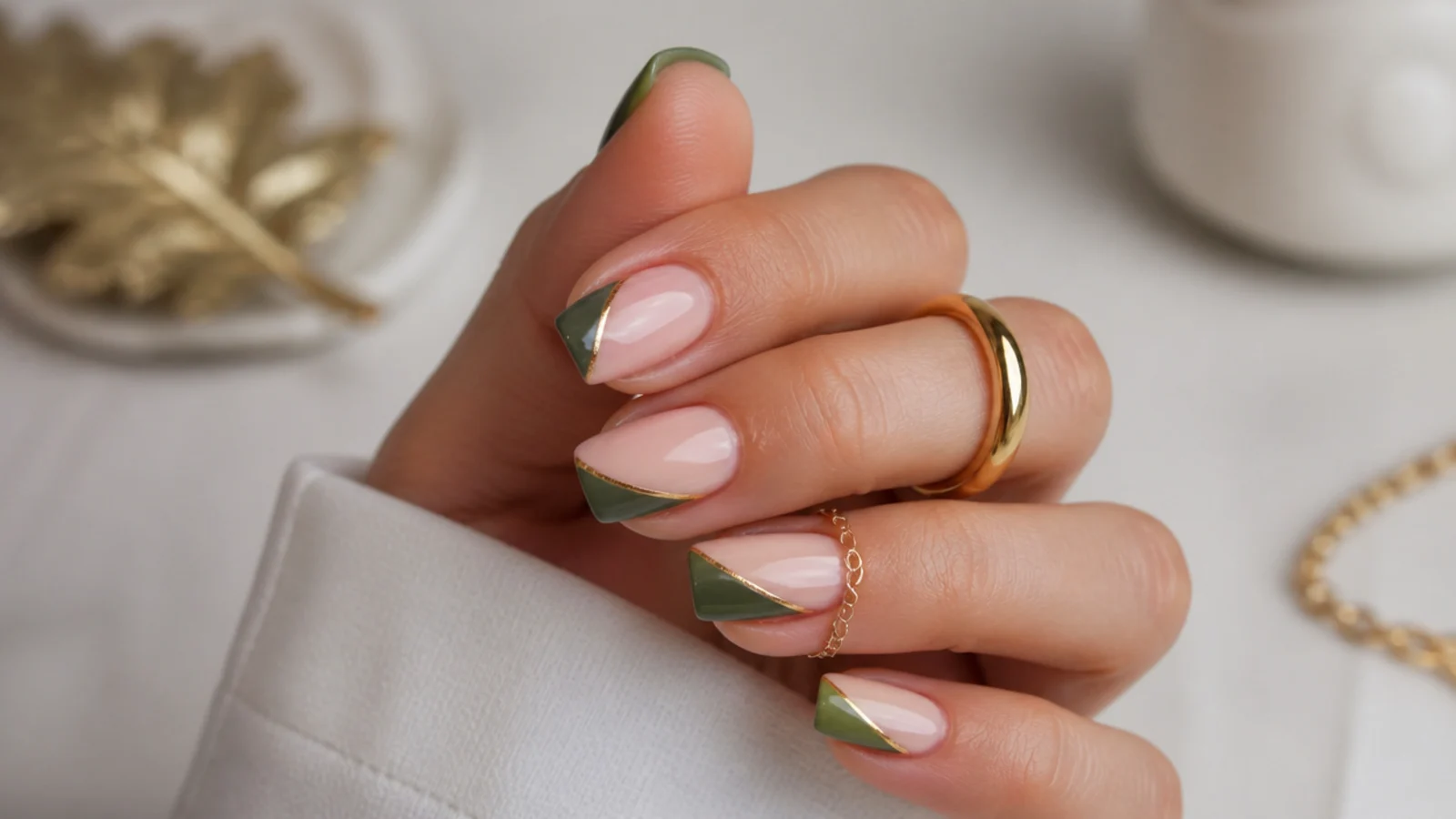 Olive green and pink diagonal color-block nails on a square shape