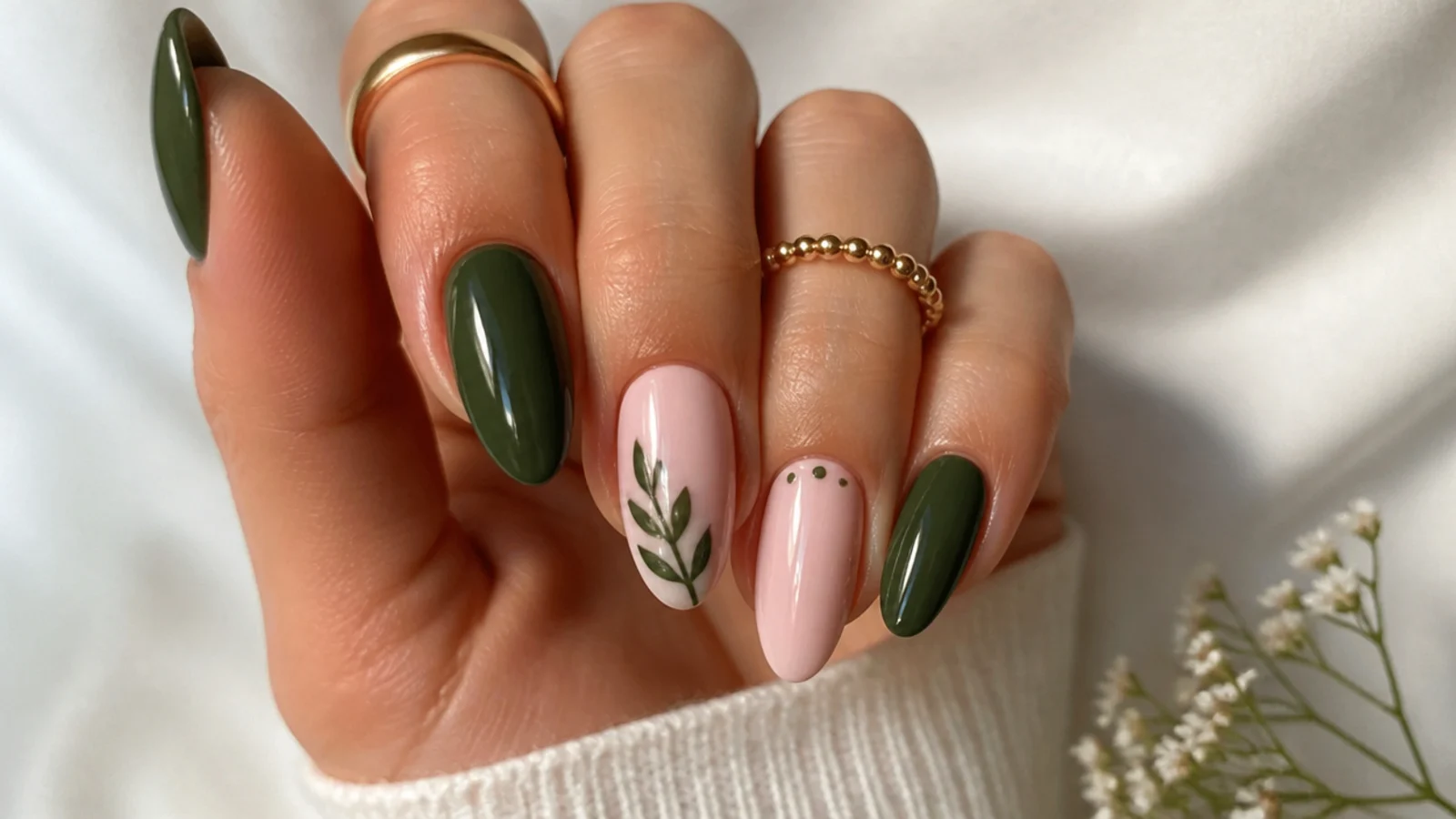 Deep dark olive green nails with baby pink accent nails