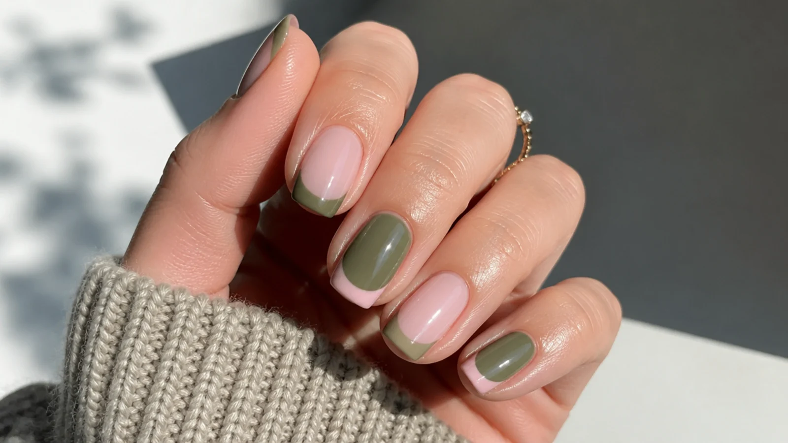 French nails alternating olive tips over pink and pink tips over olive