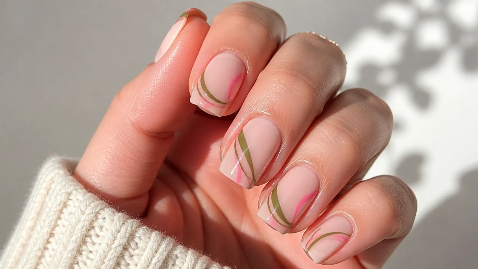 Nude nails with abstract olive green and pink line art on a squoval shape