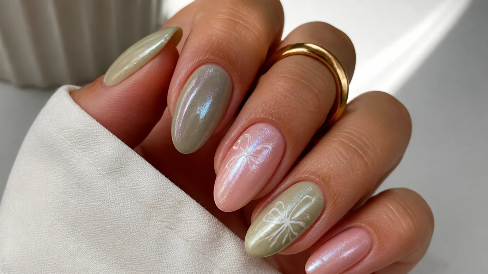 Milky olive and pink nails with a pearly glazed donut shimmer