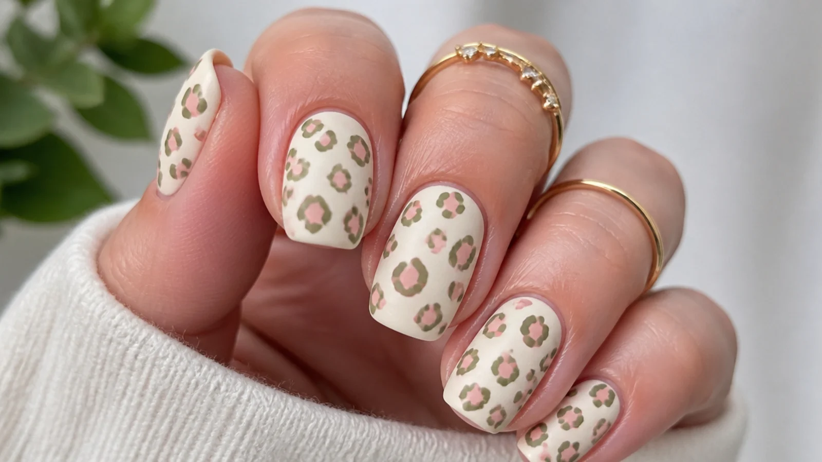Cream nails with olive green and pink leopard print spots