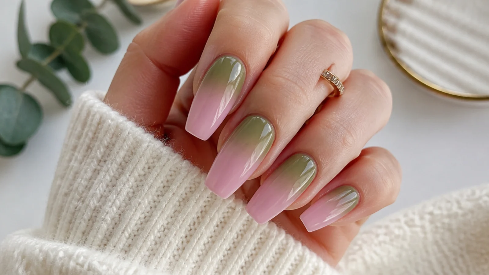 Olive green to pink gradient ombre nails on a coffin shape