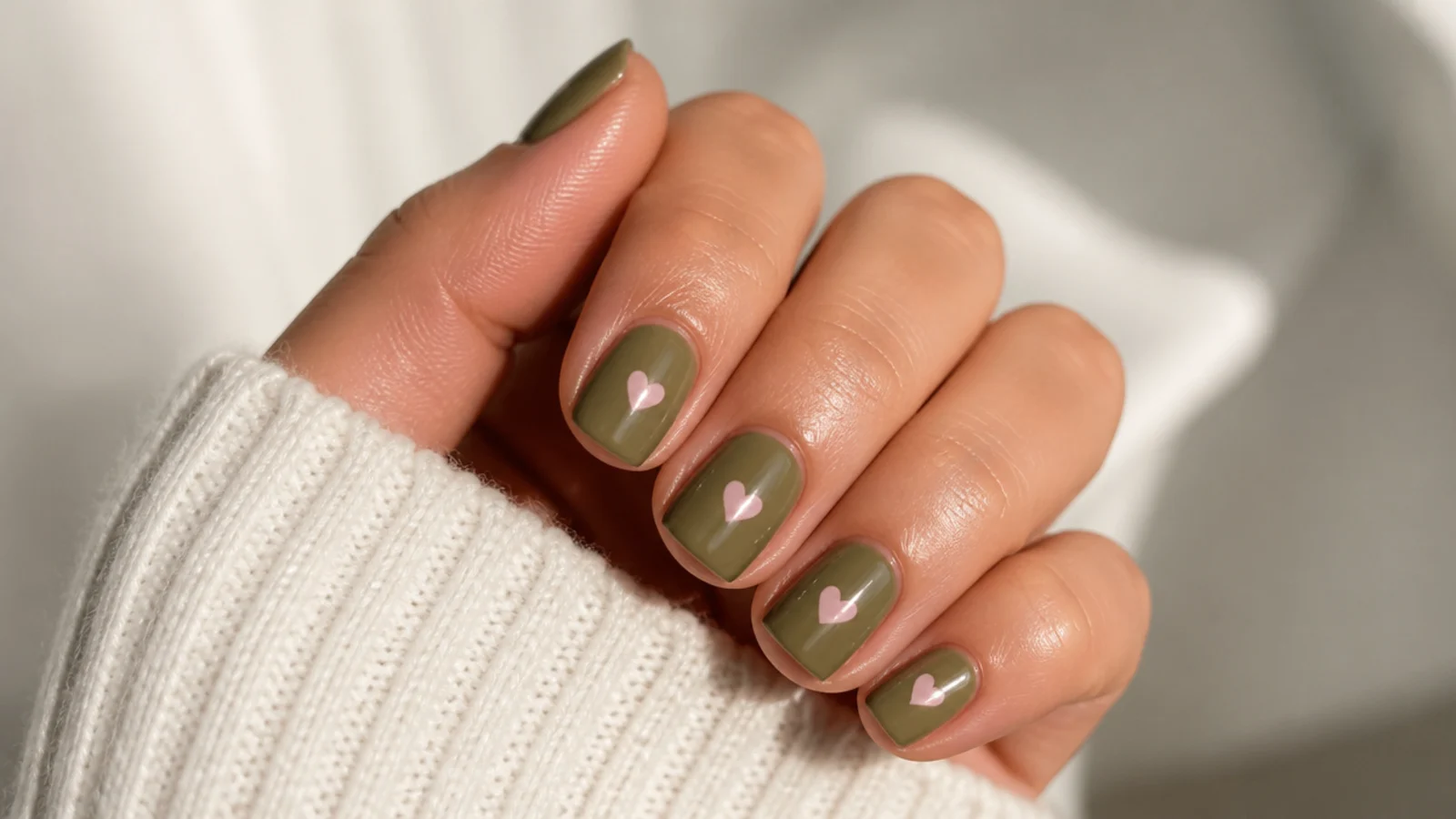 Olive green nails with tiny pink heart accents on a short square shape