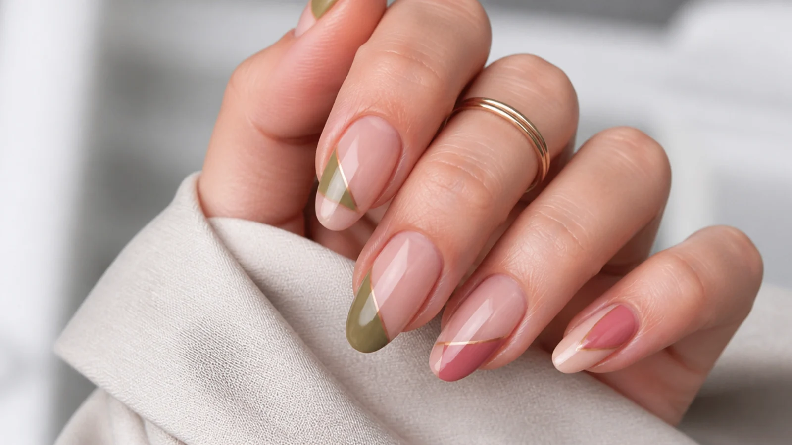 Nude nails with olive green and pink negative-space geometric shapes