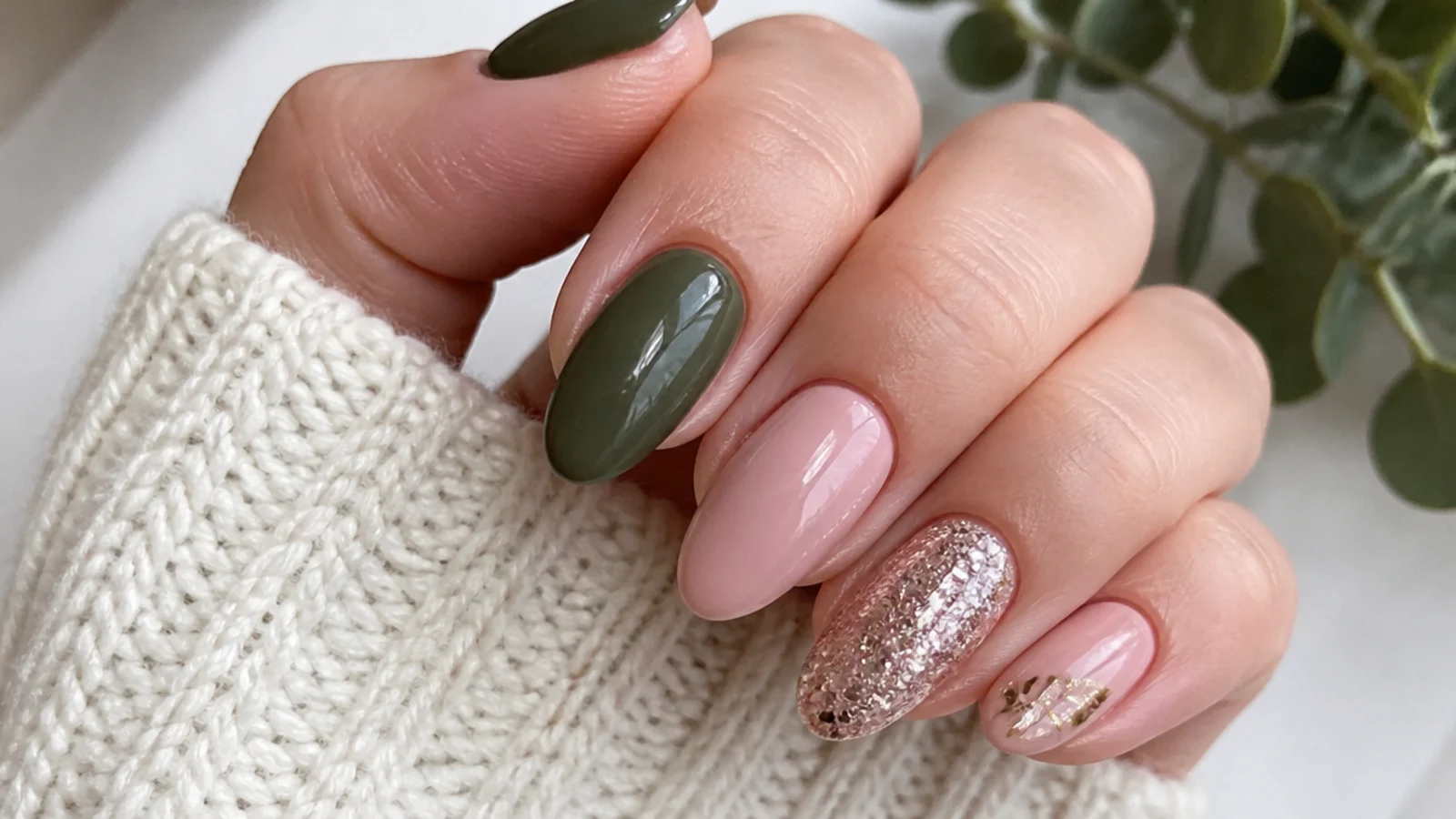Olive green and pink nails with one sparkling gold-pink glitter accent