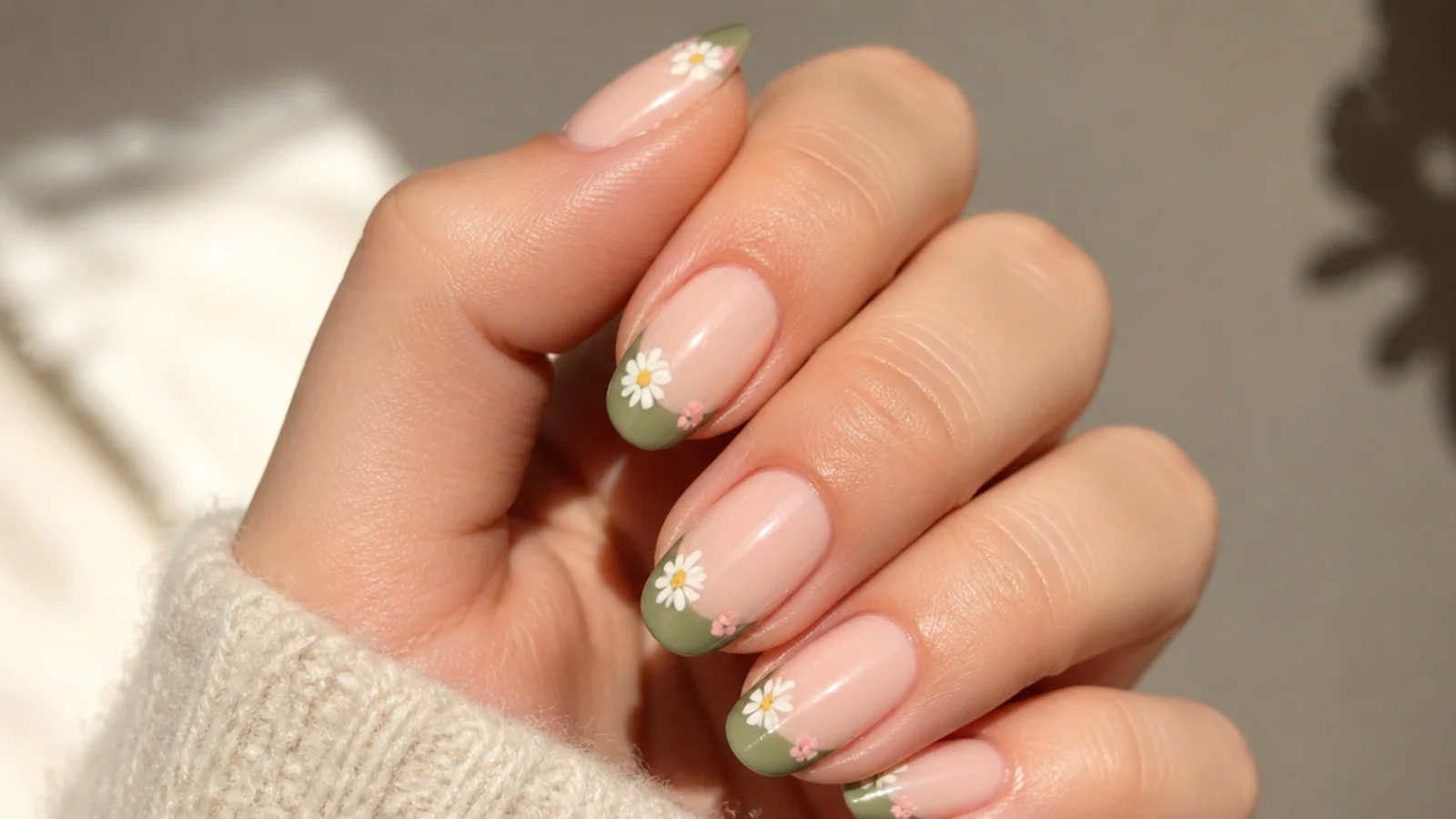 Olive green french tips with tiny pink and white daisies on a nude base
