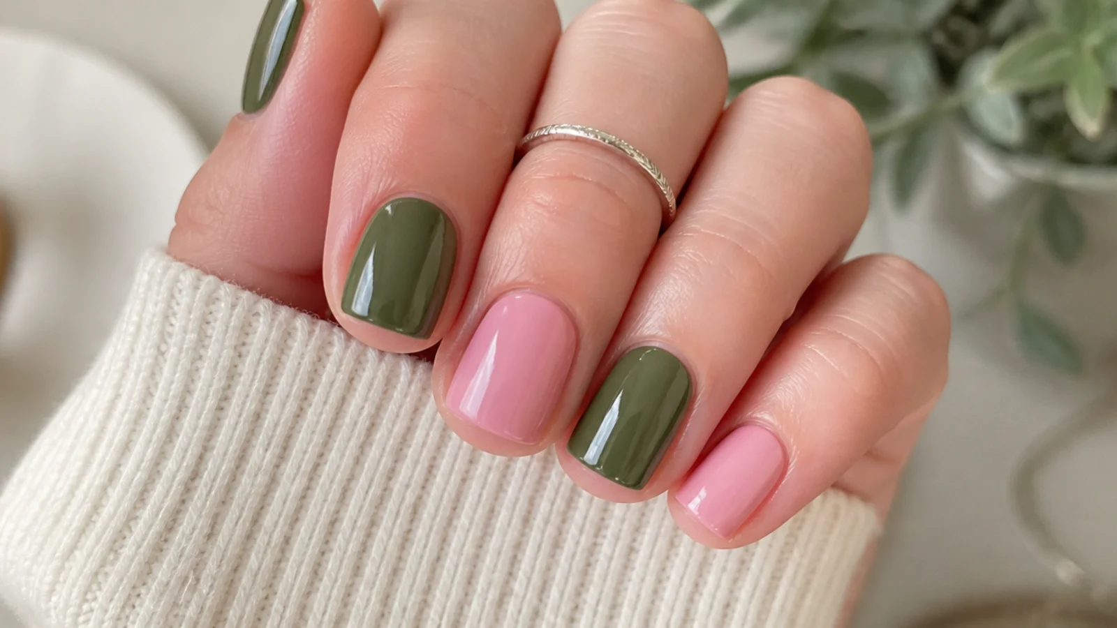 Short squoval nails alternating solid olive green and soft pink