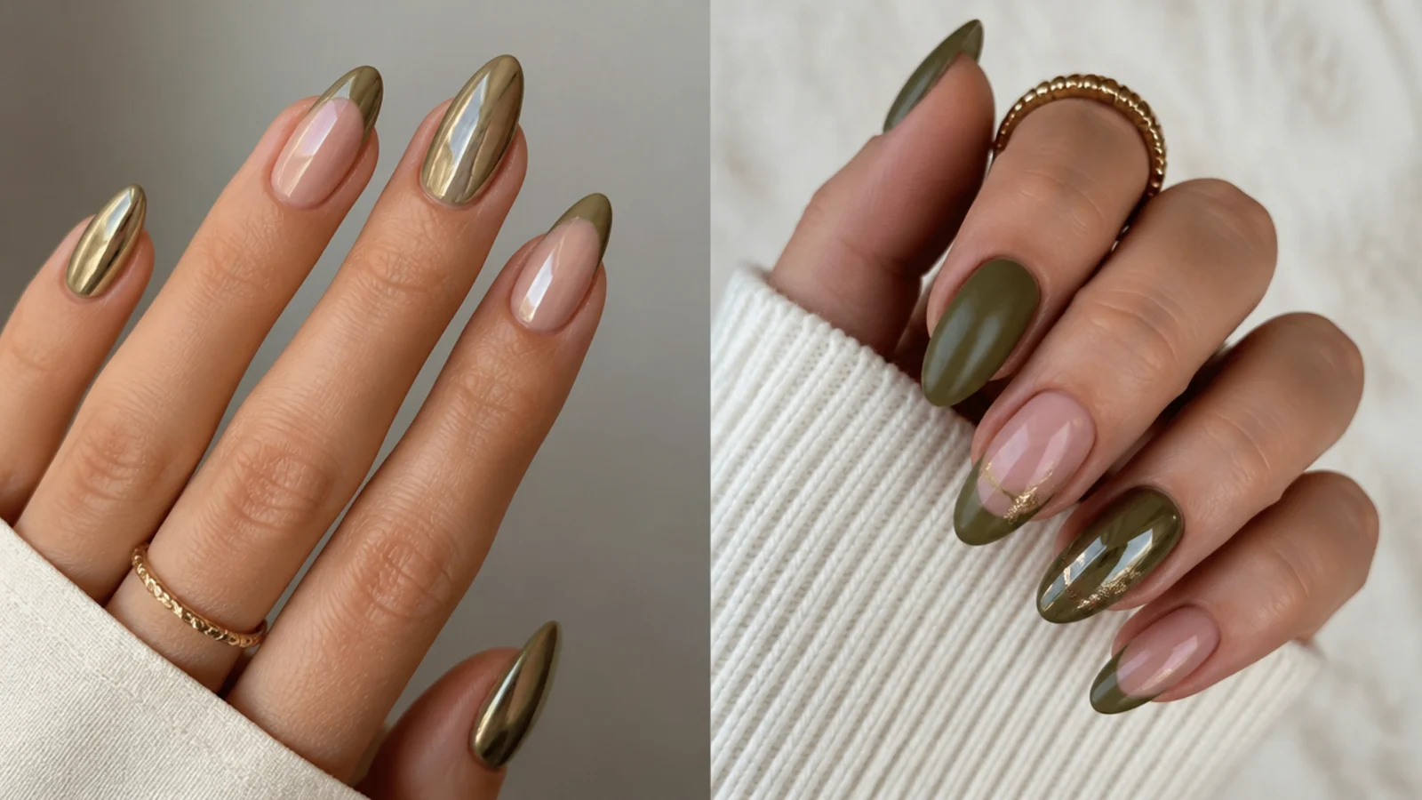 Olive green nails shown in chrome, french, glossy and matte finishes