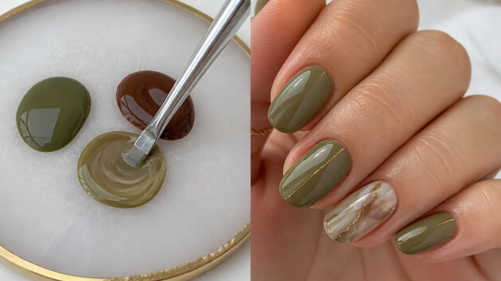 Mixing brown and green gel into a muted khaki-olive shade on a palette