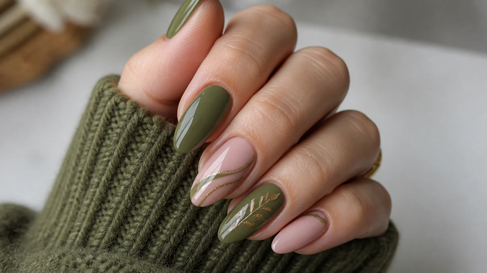 Olive green and pink nails styled for a fall outfit and an everyday look