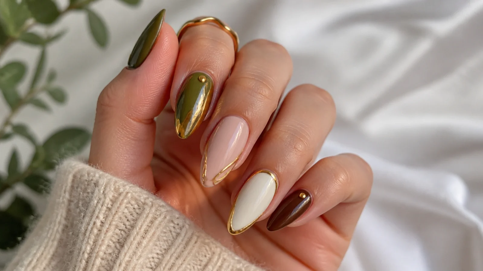 Olive green nails styled with gold, cream, soft pink, brown and chrome accents