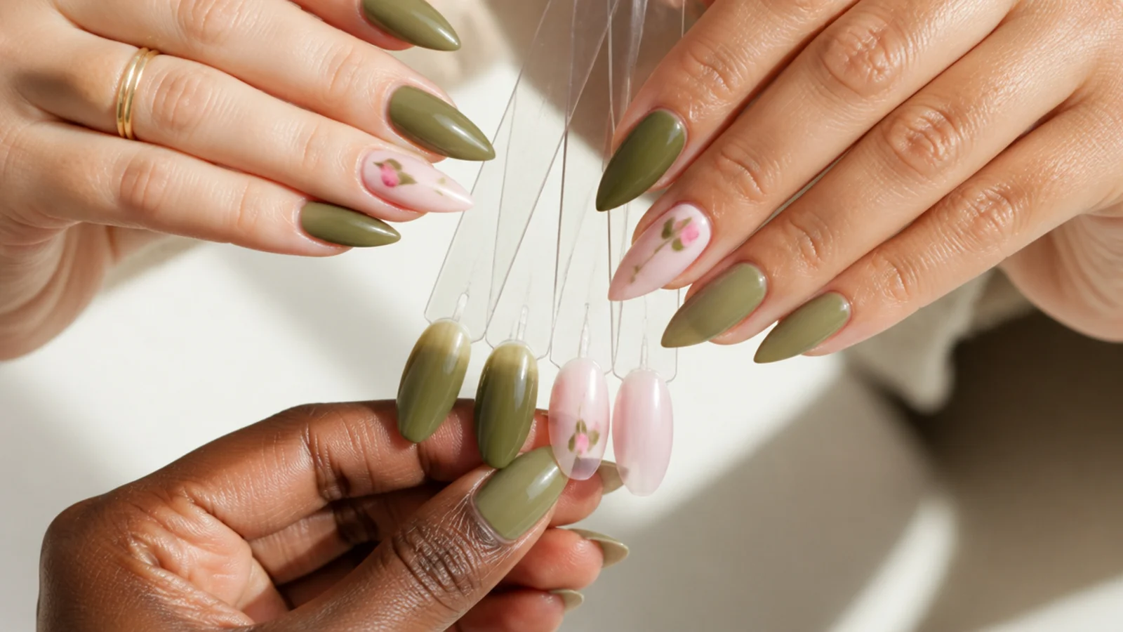 Olive green and pink swatches held against warm, fair and deep skin tones