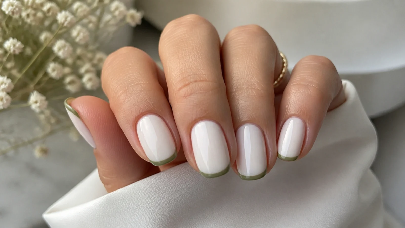 Milky white nails with a very thin olive green micro french tip