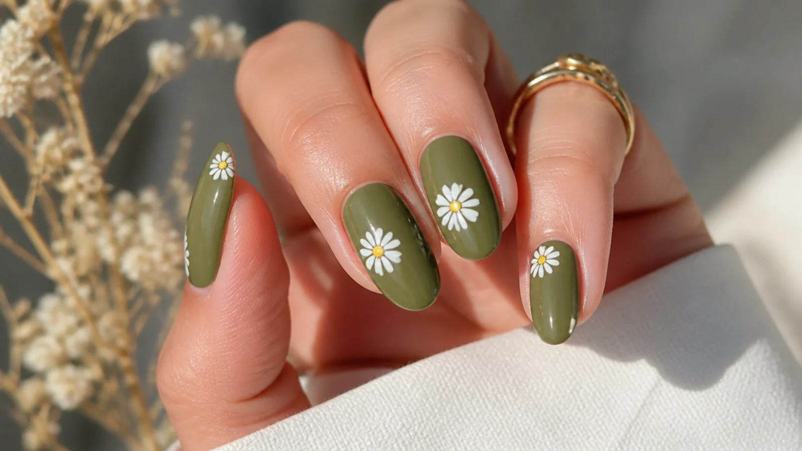 Olive green nails with small white daisy flowers and yellow centers
