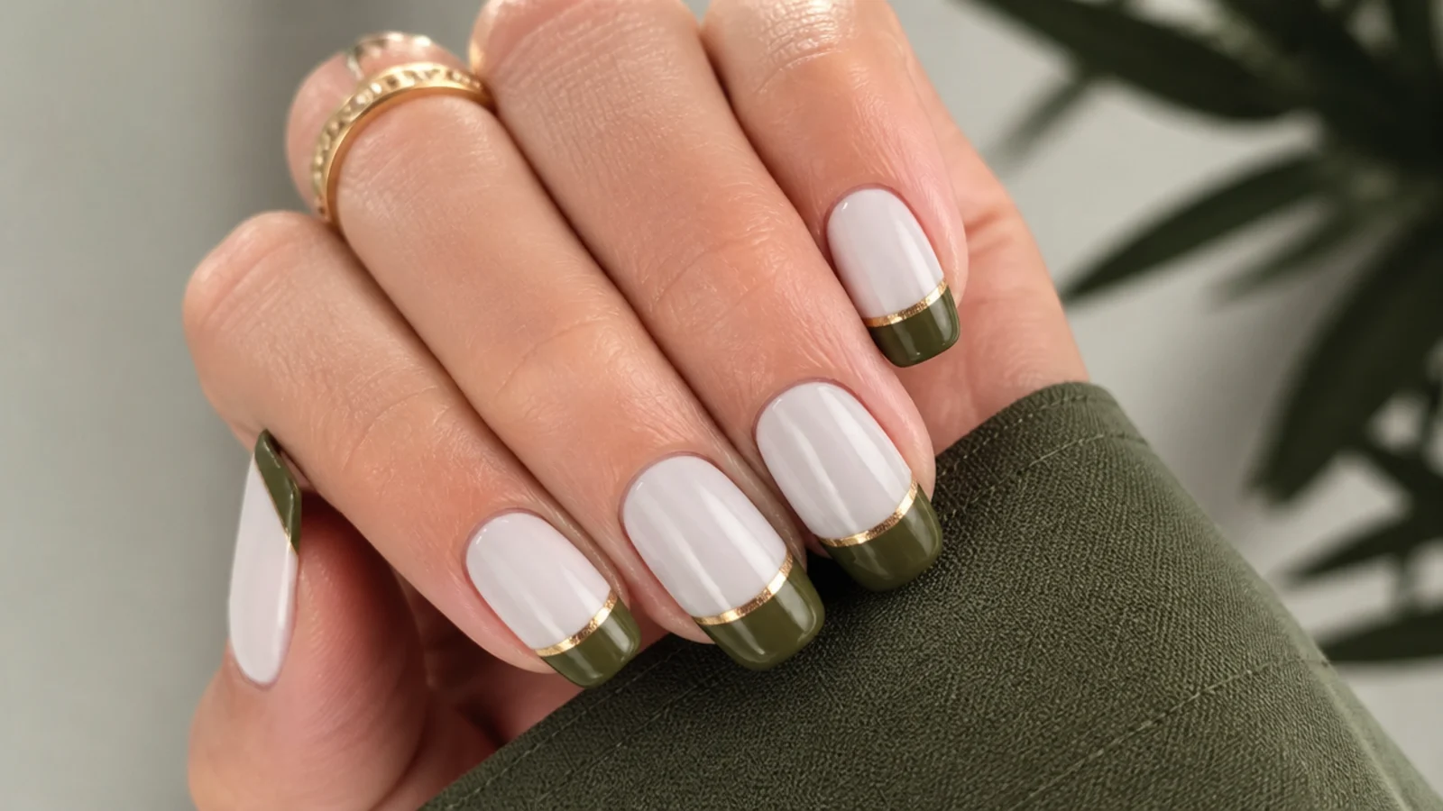 Olive green french tip nails with a thin gold line and white base