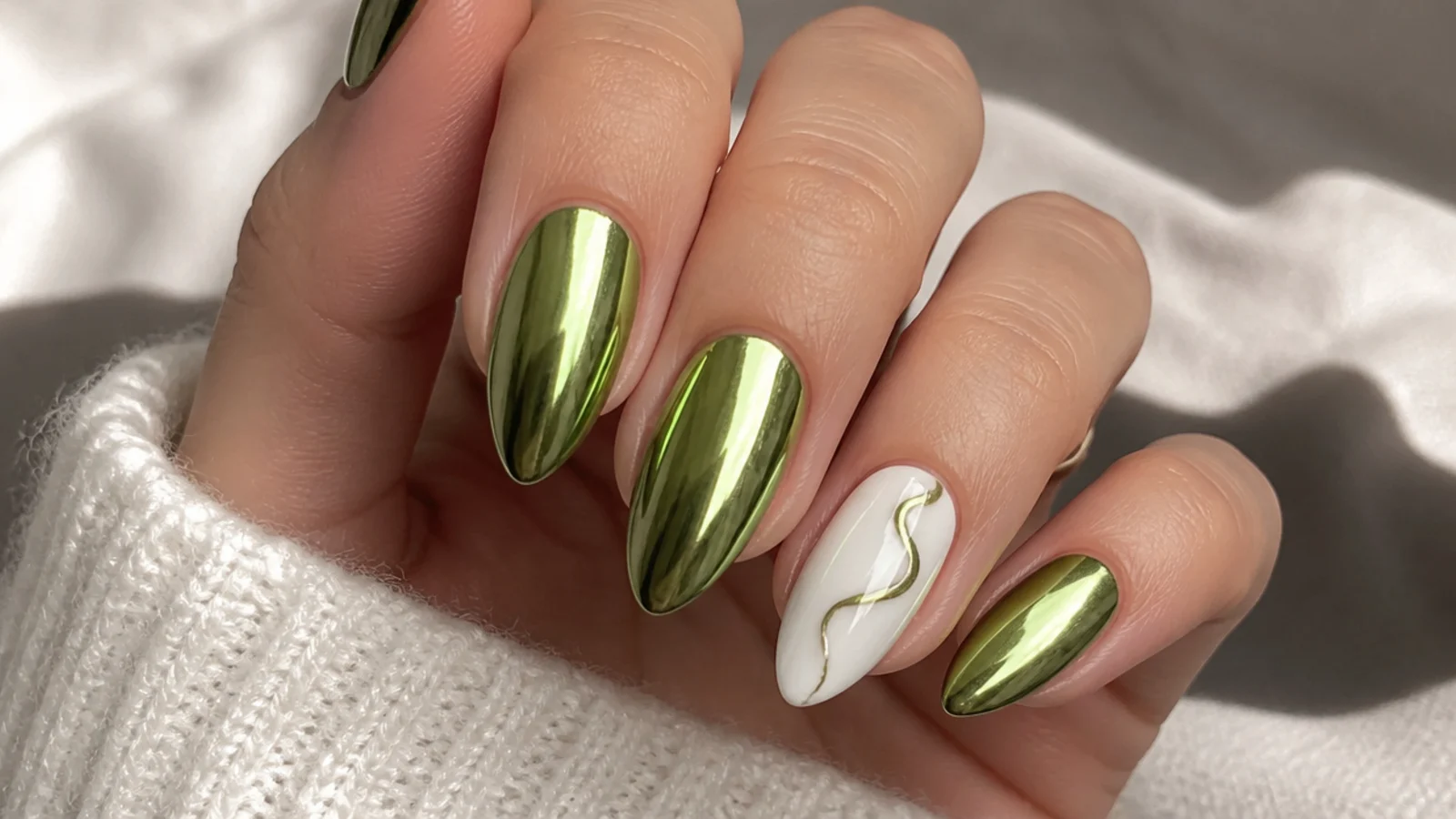 Olive green chrome nails with a white accent nail and mirror finish