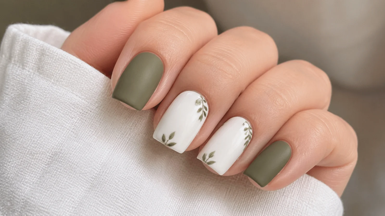 Matte olive green nails beside glossy white nails on a square shape