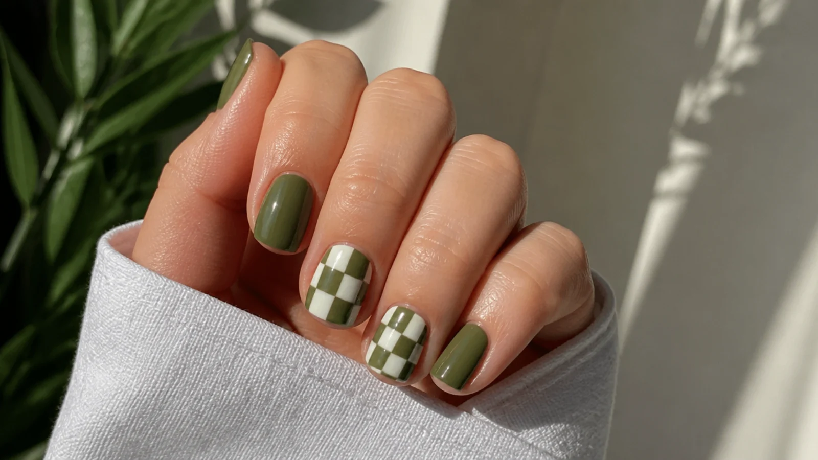Olive green and white checkerboard pattern nails on short square nails