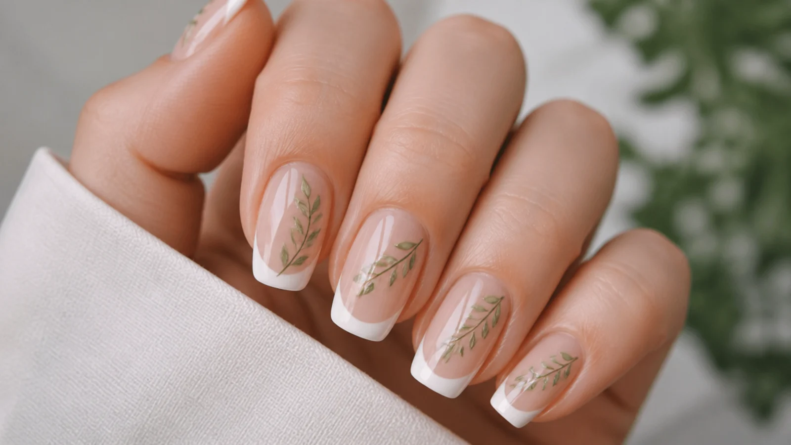 White french tip nails with a trailing olive green leaf vine