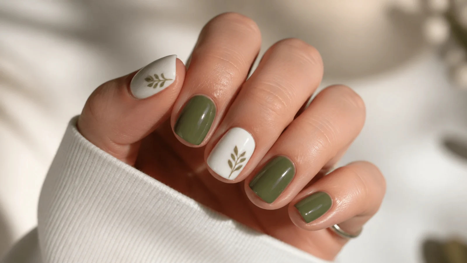 Short glossy nails alternating solid olive green and white