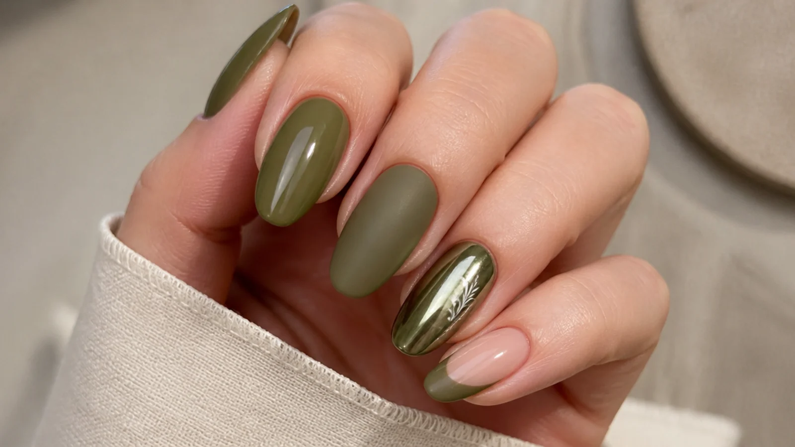 Olive green nails shown in glossy, matte, chrome and french finishes