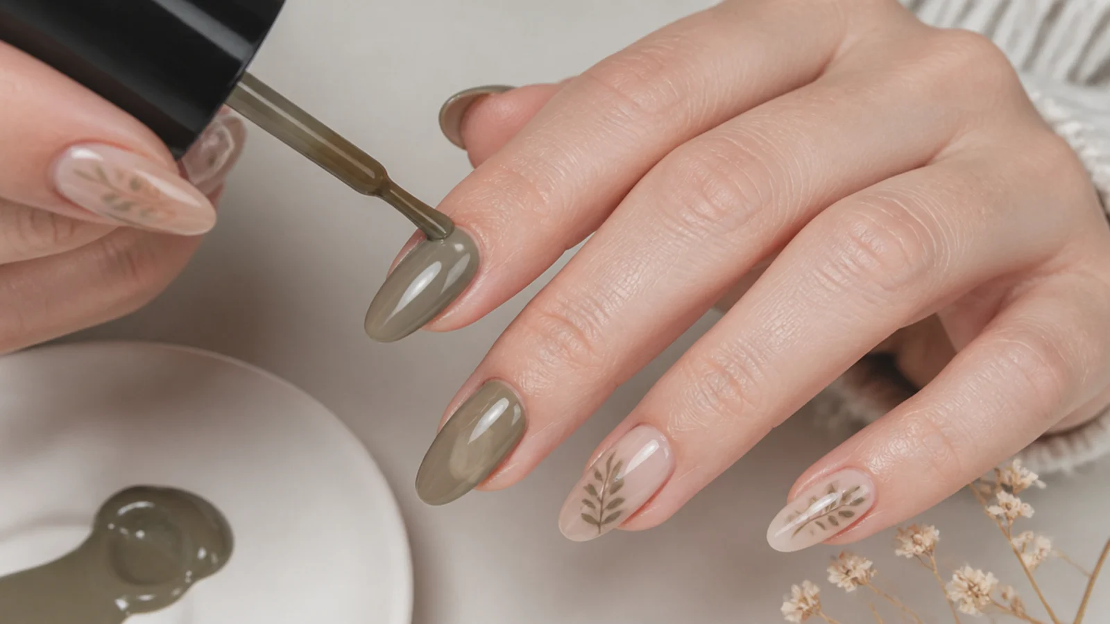 Mixing a muted khaki-olive gel and layering it for depth on a nail