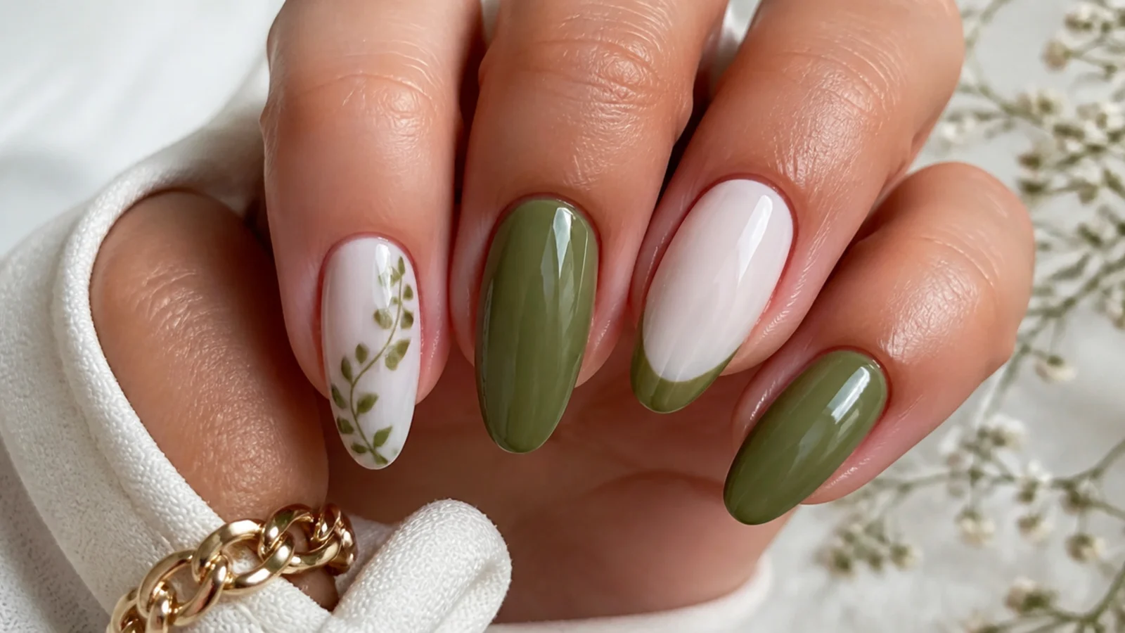 Olive green and white nails with a crisp french tip on an almond shape
