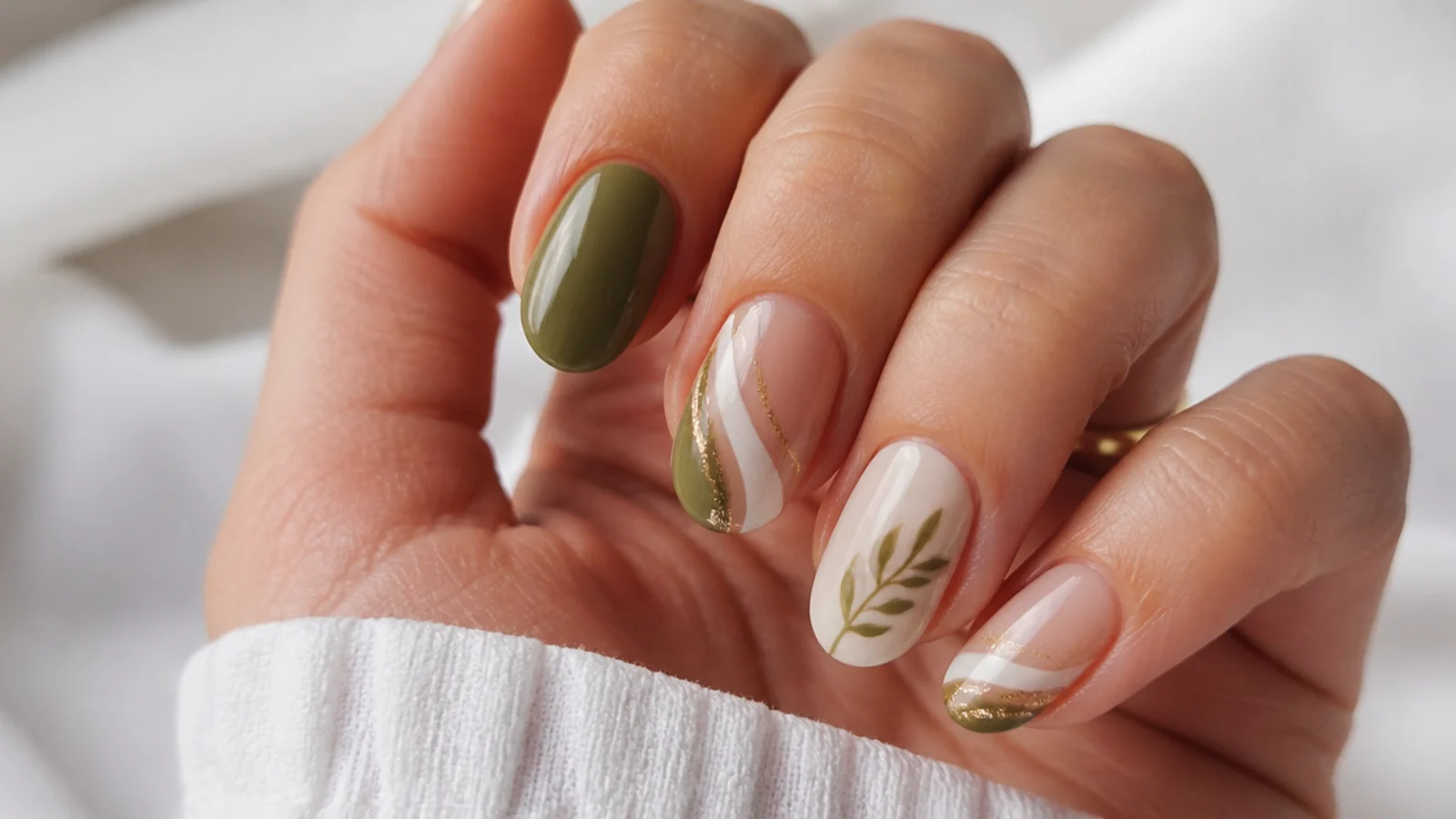 A well-sealed olive green and white manicure with cuticle oil for longevity