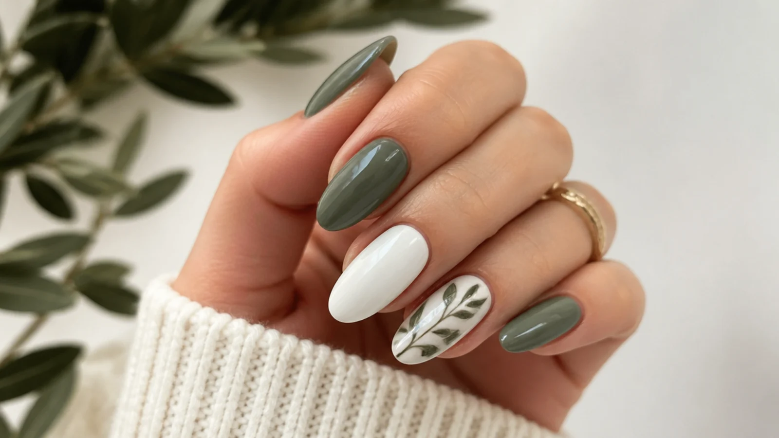 Olive green and white nails styled for fall and year-round wear