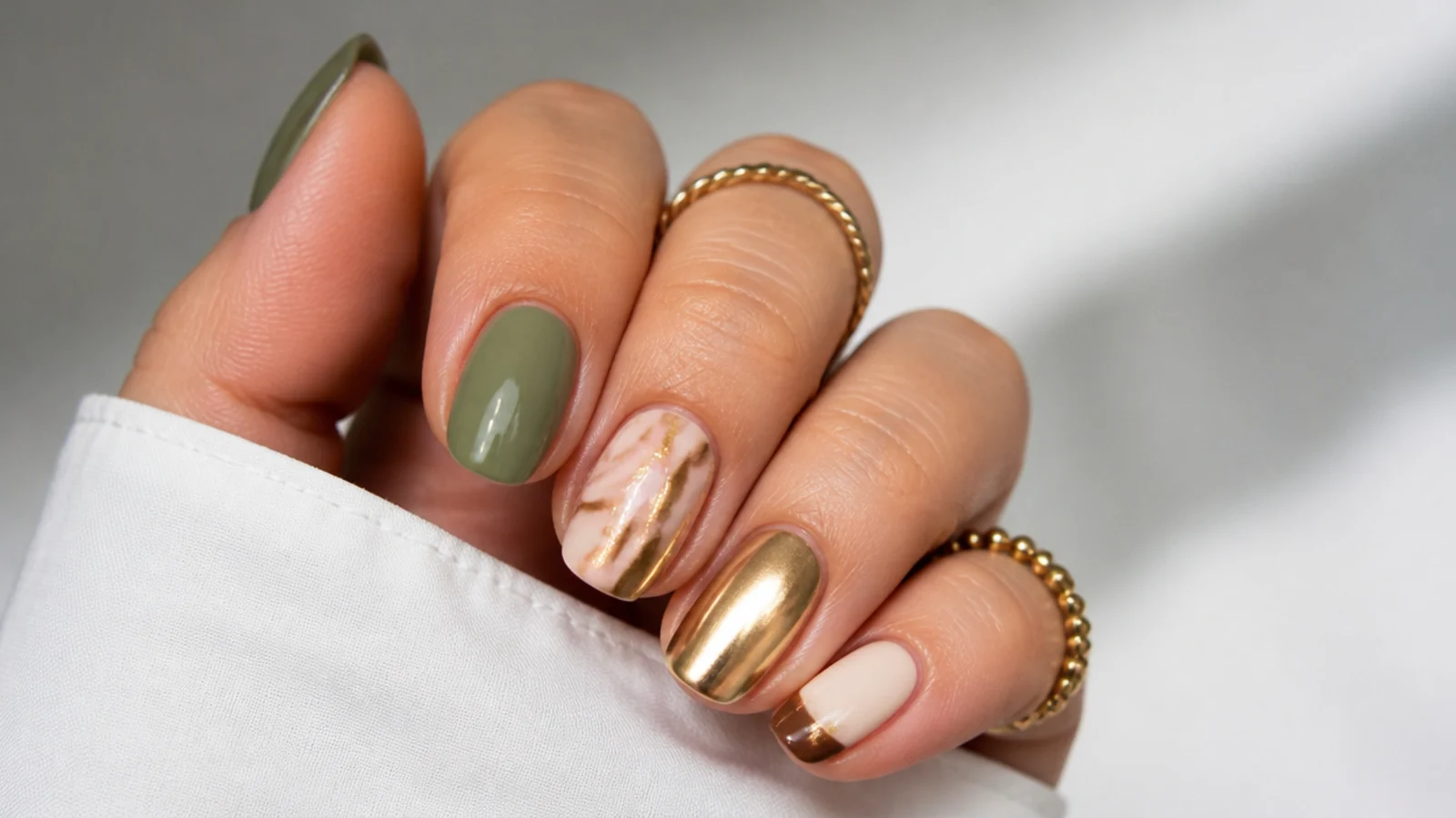 Olive green nails paired with gold, cream, soft pink, brown and chrome swatches