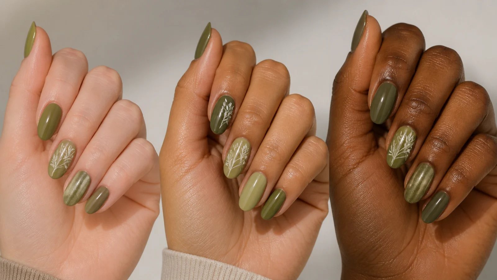 Three olive green nail shades matched to fair, tan and deep skin tones