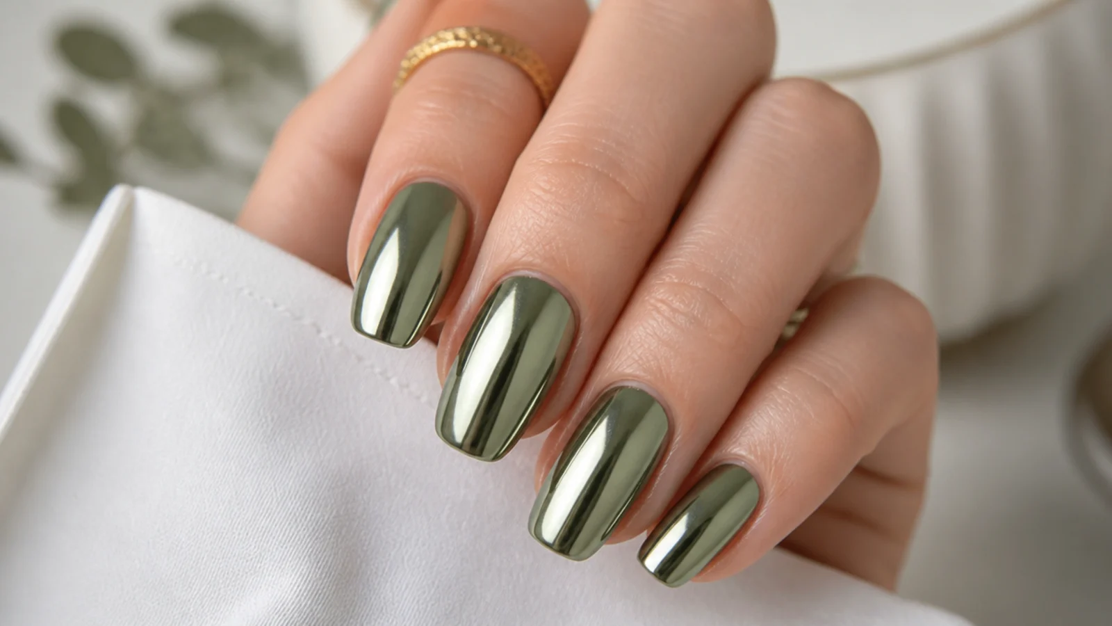 Soft grayed olive green chrome nails with a cool muted shine