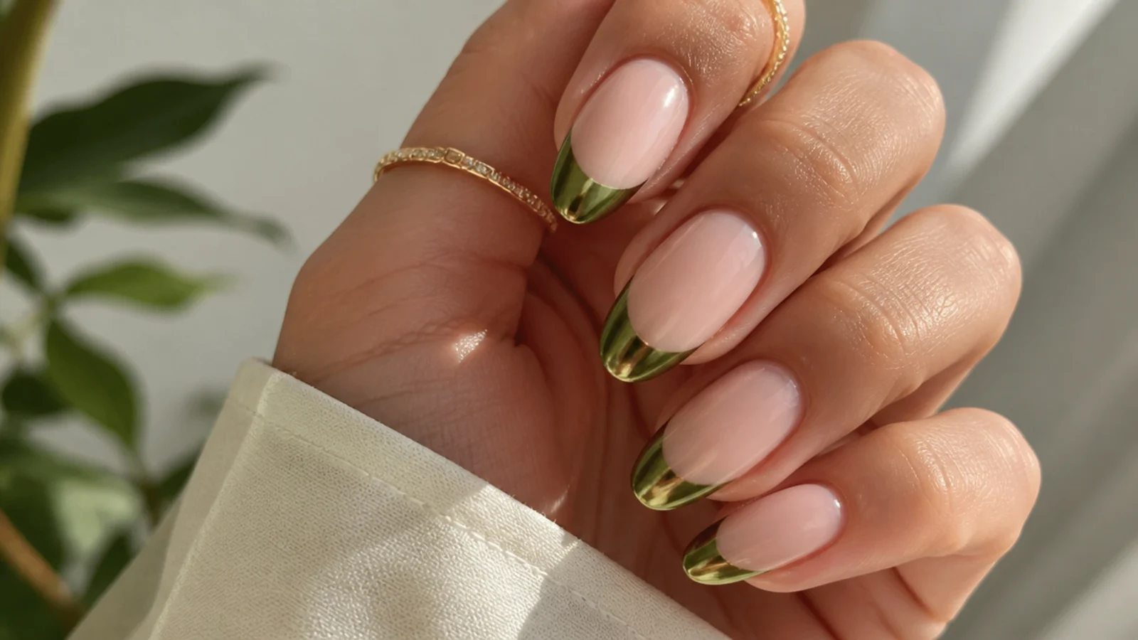 Nude nails with olive green chrome french tips on an almond shape