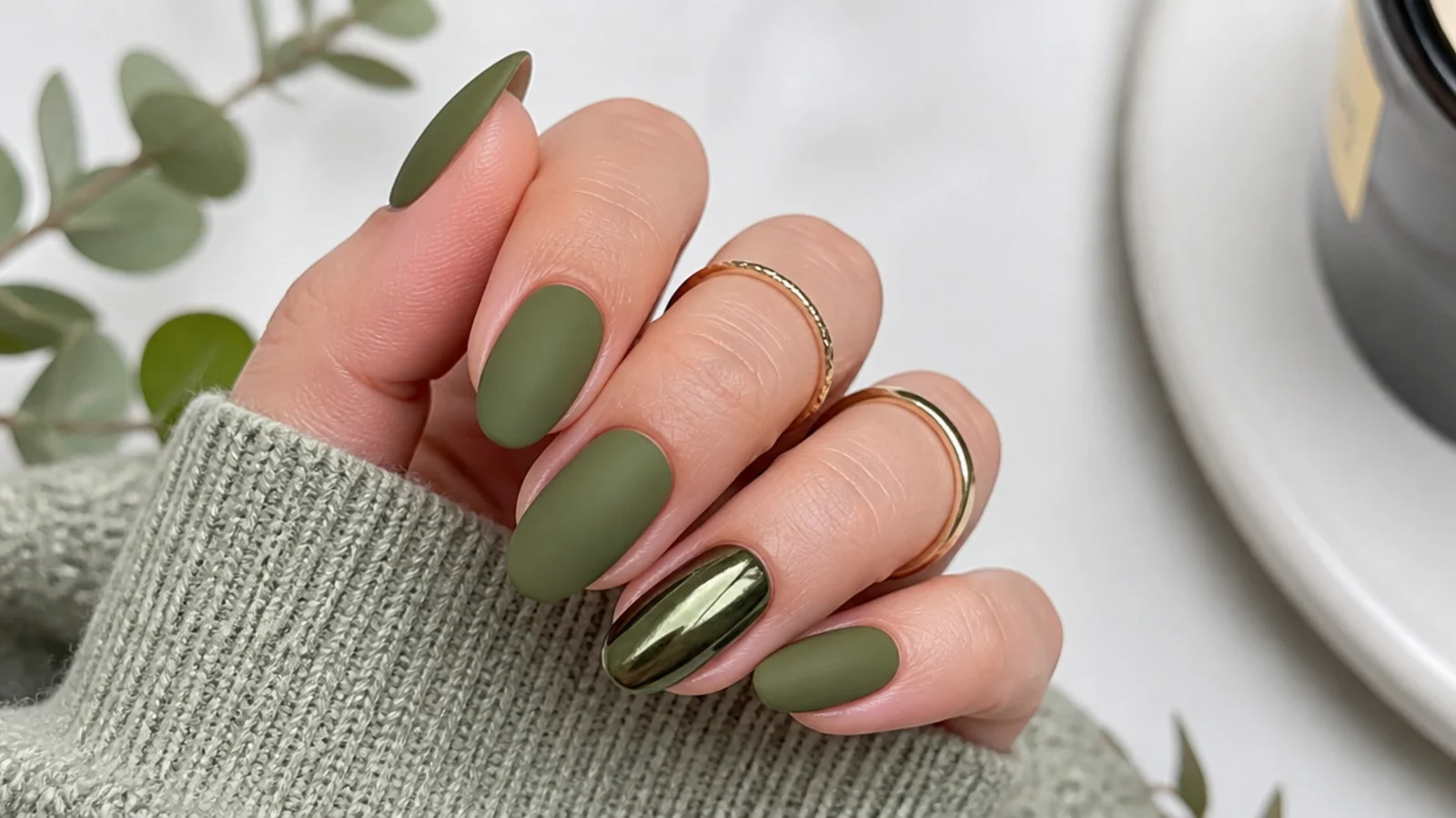 Matte olive green nails with one glossy olive chrome accent nail