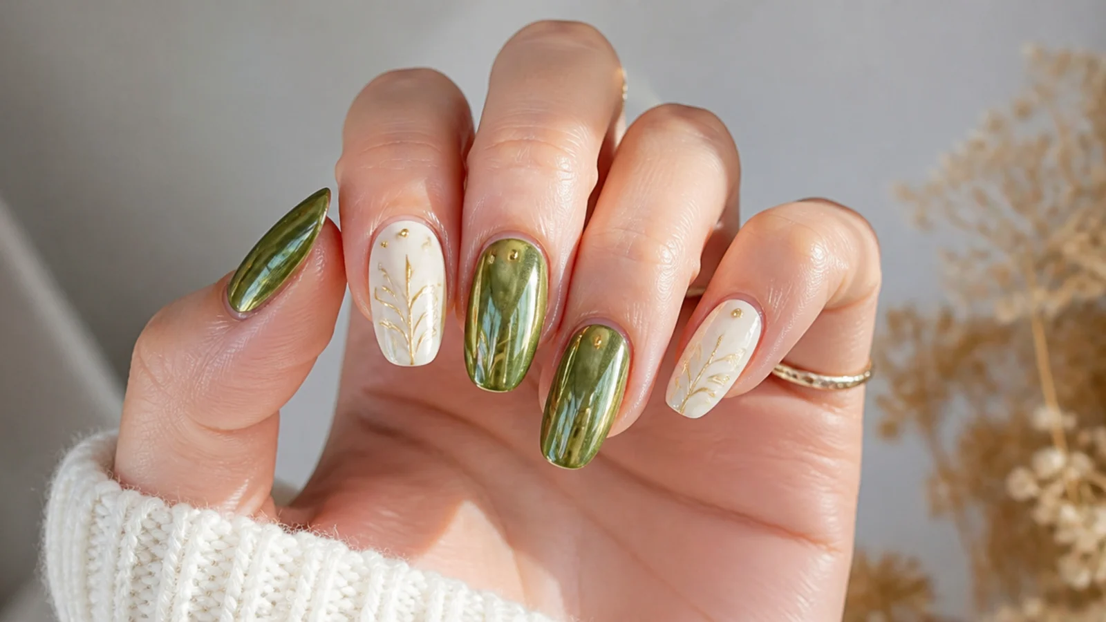 Alternating olive green chrome and cream nails on a soft neutral hand