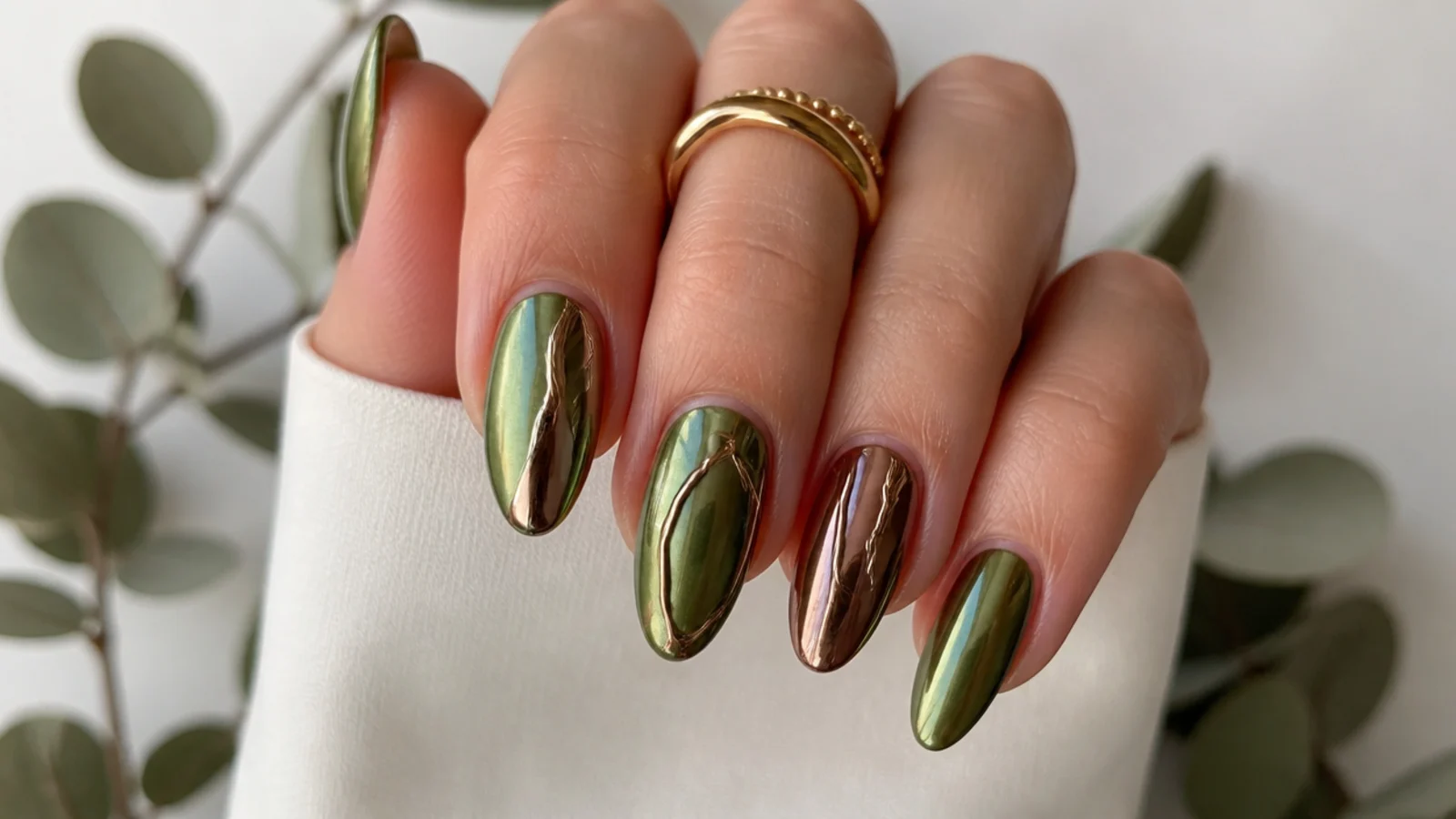 Olive green chrome nails with warm brown chrome accents for an earthy set