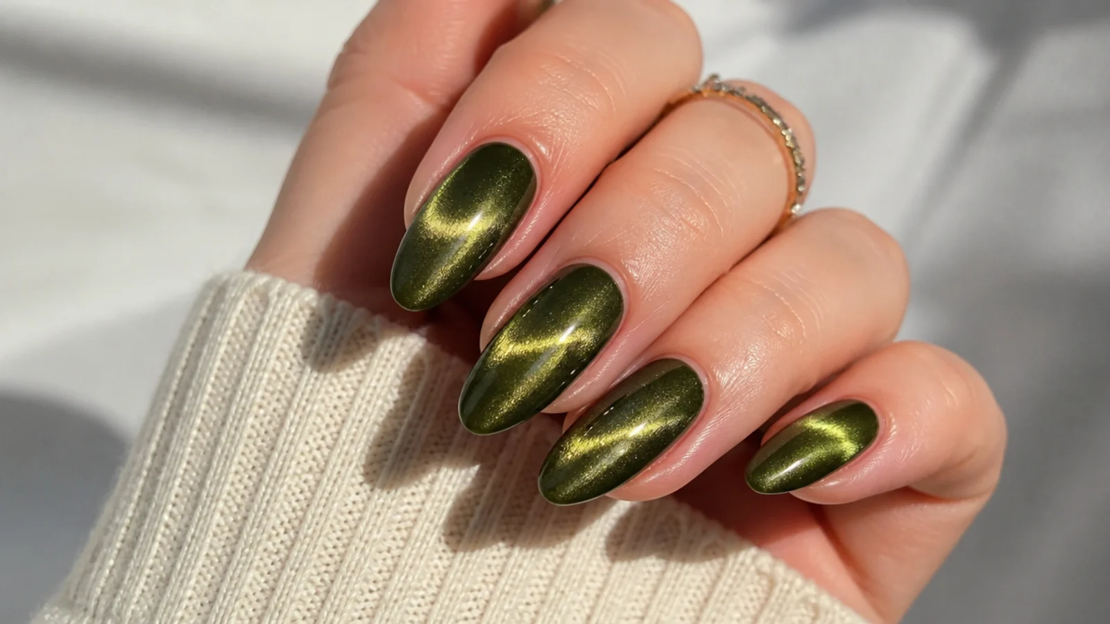 Olive green cat-eye chrome nails with a luminous magnetic light strip