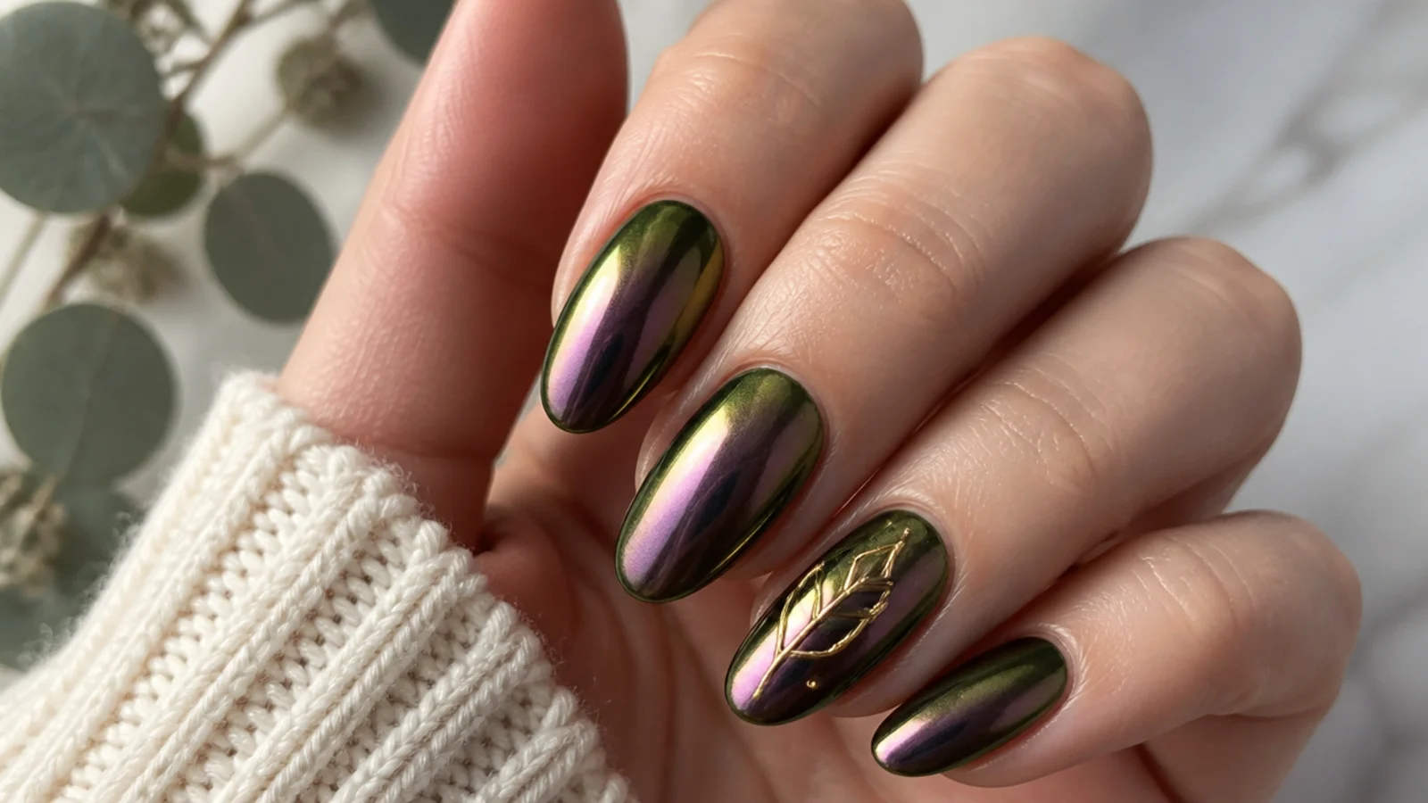 Deep olive green chrome nails with a multichrome shift toward purple and bronze