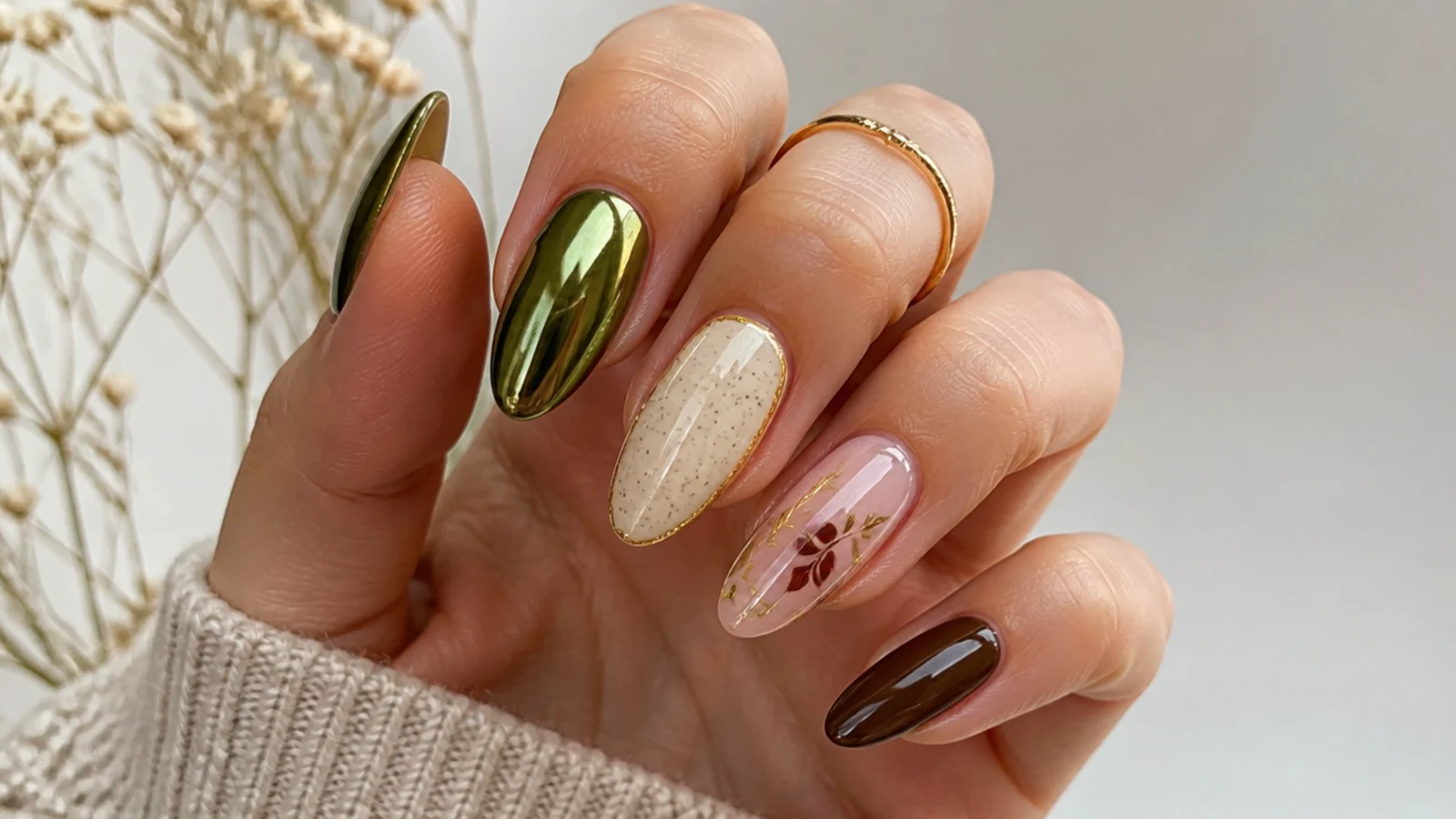 Olive green chrome nails paired with gold, cream, brown and soft pink accents