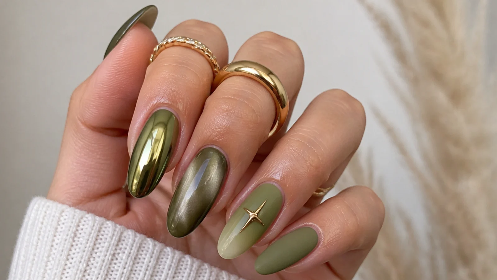 Olive green nails in mirror chrome, aura, cat-eye and matte accent finishes
