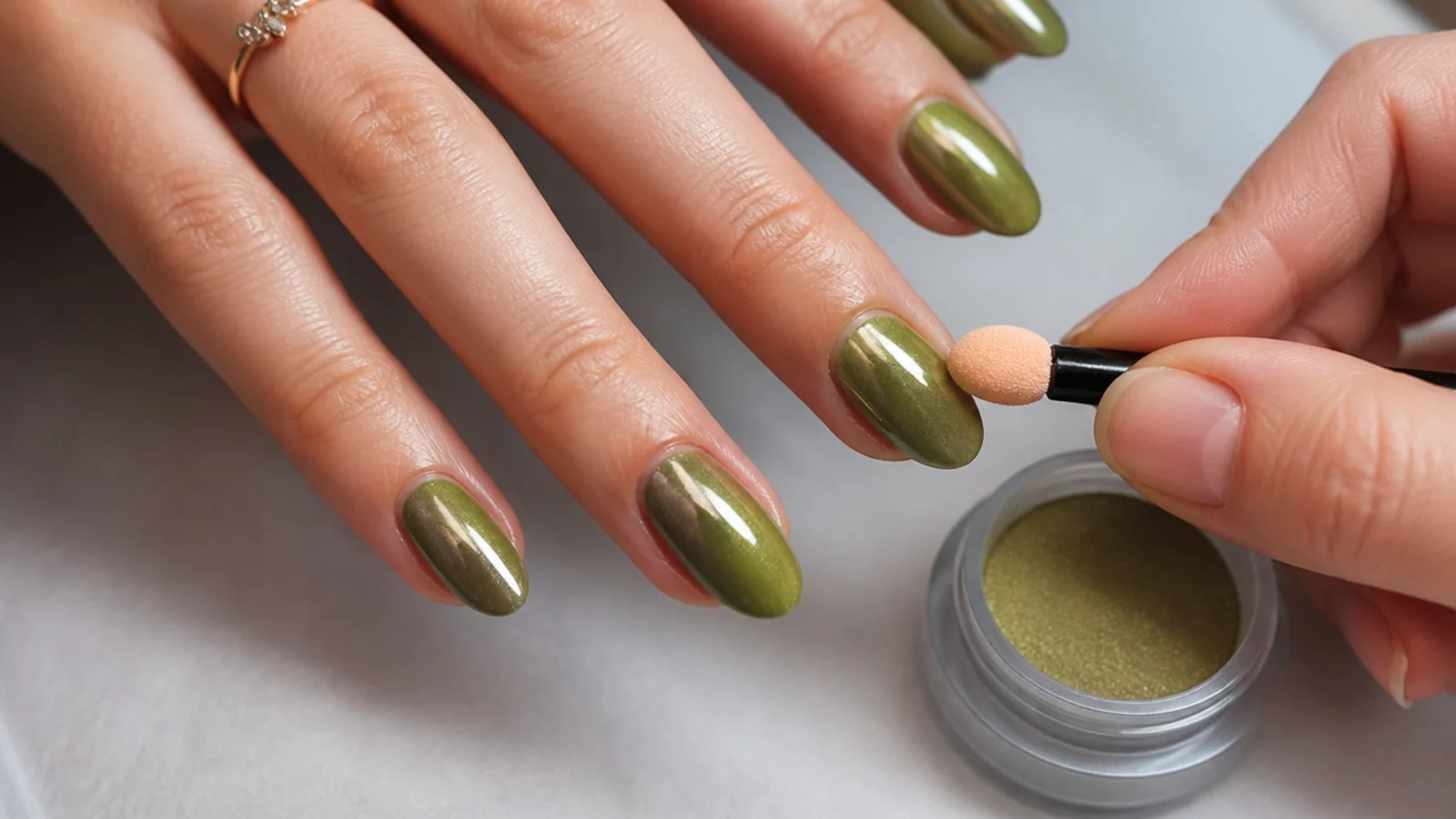 Buffing chrome powder over a cured olive gel base to build the exact shade