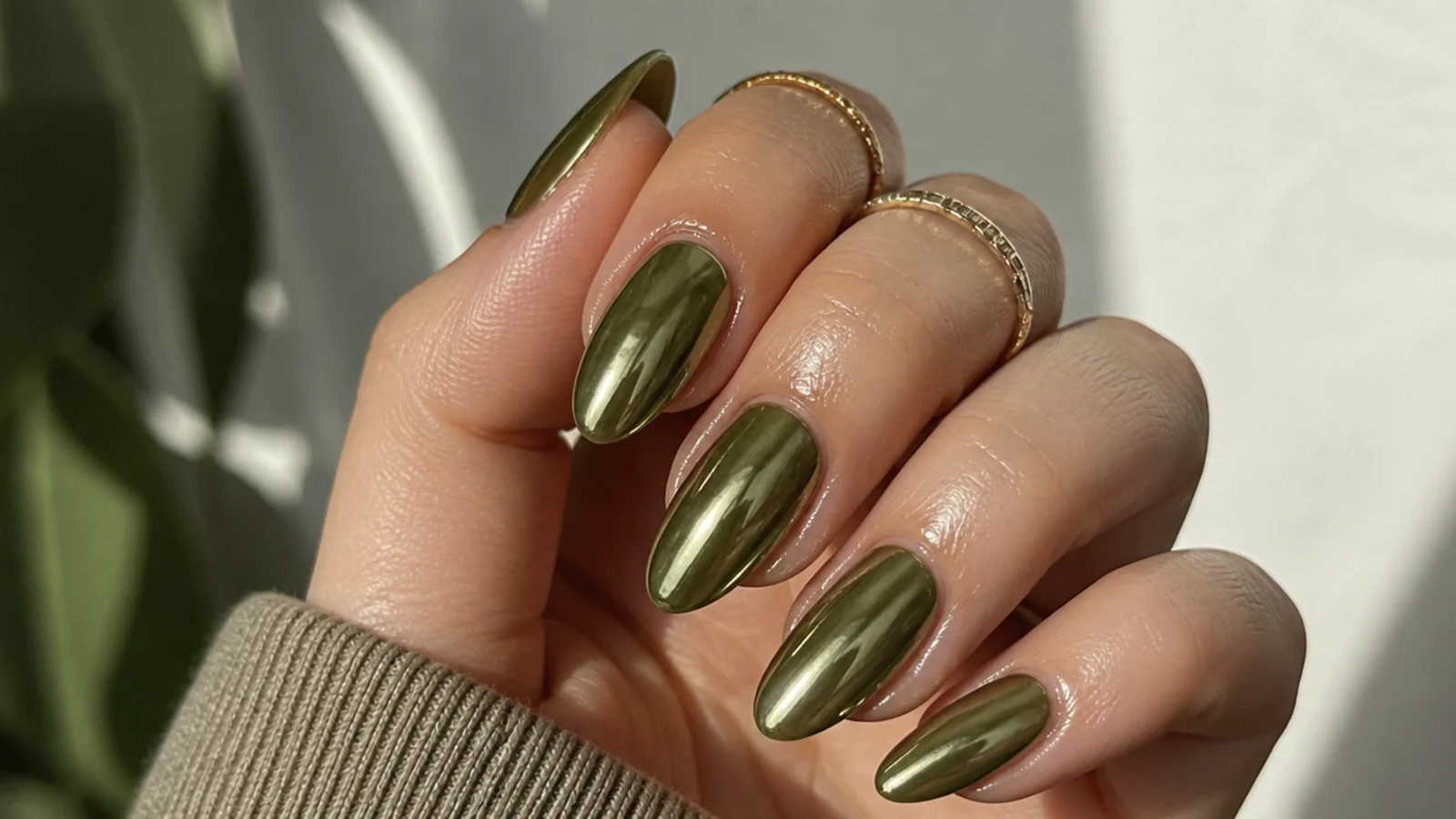 A well-sealed olive green chrome manicure with cuticle oil for longevity