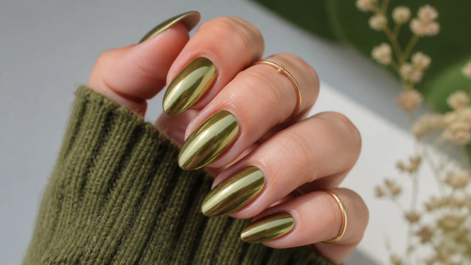 Olive green chrome nails styled for fall events and year-round wear
