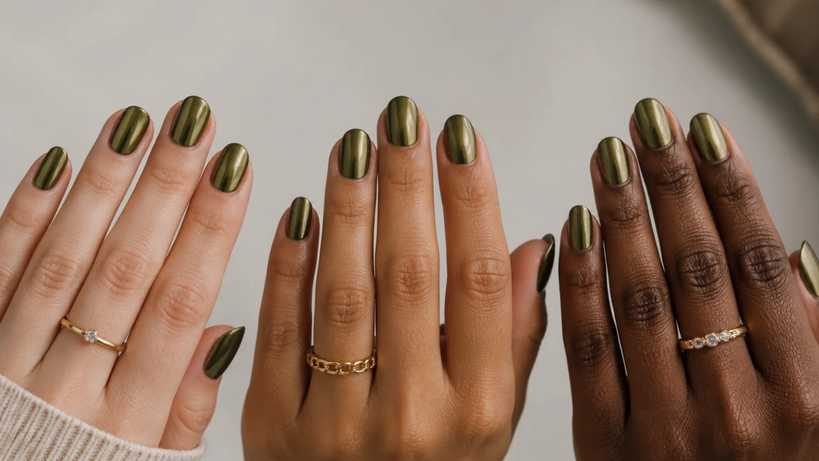Olive green chrome swatches shown against fair, tan and deep skin tones