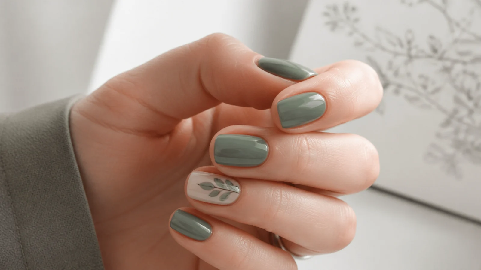 Soft grayed olive green short square nails on fair skin